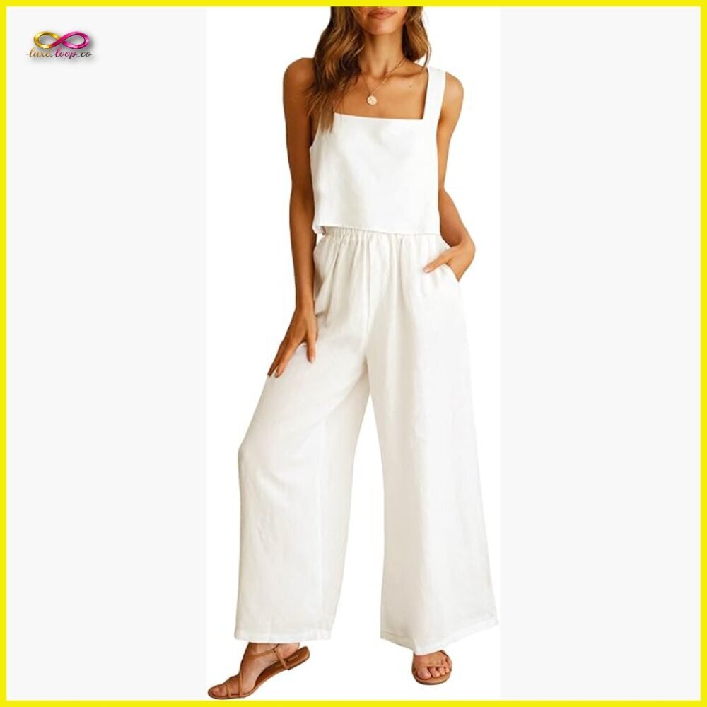 Linen Two Piece Set Loose Fit Wide Leg Pants Crop Top Summer Lounge Wear